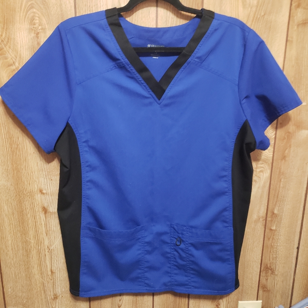 Scrubstar Blue & Black Scrub Top Stretch Sides Front Pockets Sz Large V-neck